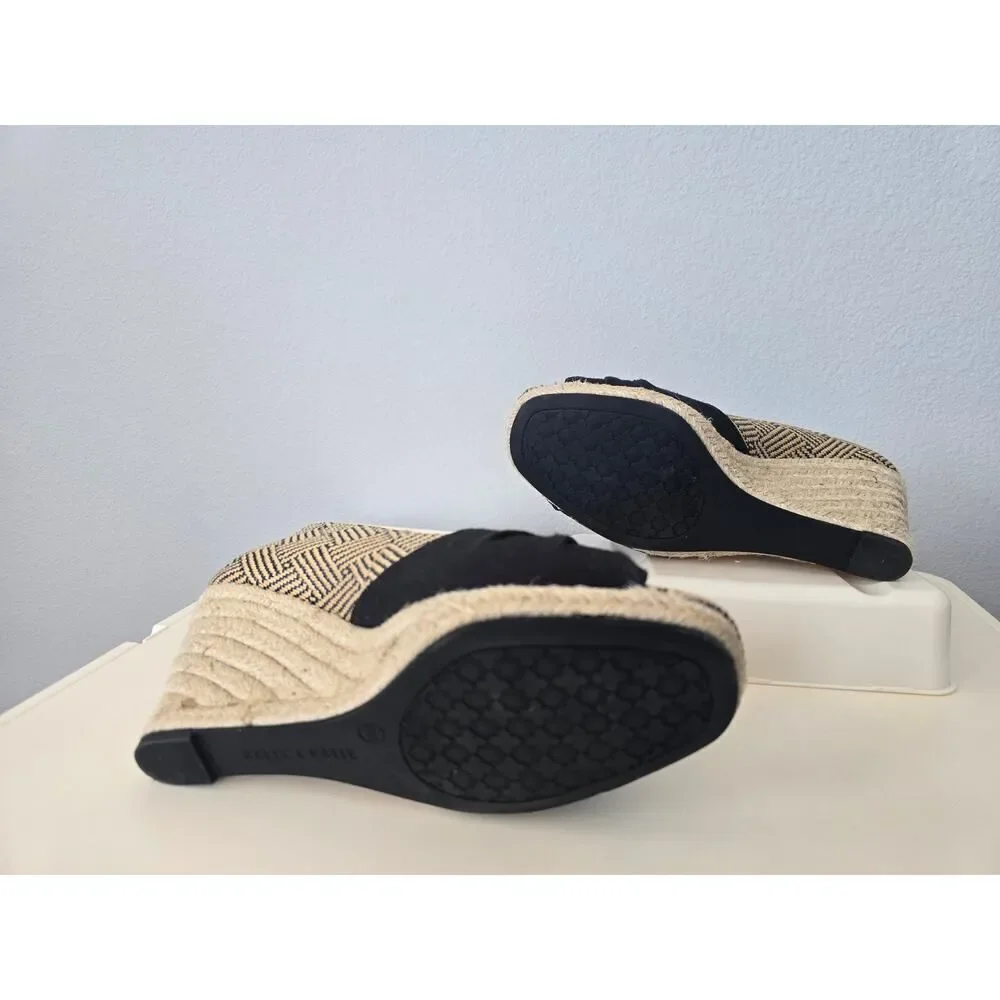 Kelly & Katie Black Espadrille Wedges Size 9.5M Peep Toe Boho Chic Woven Raffia